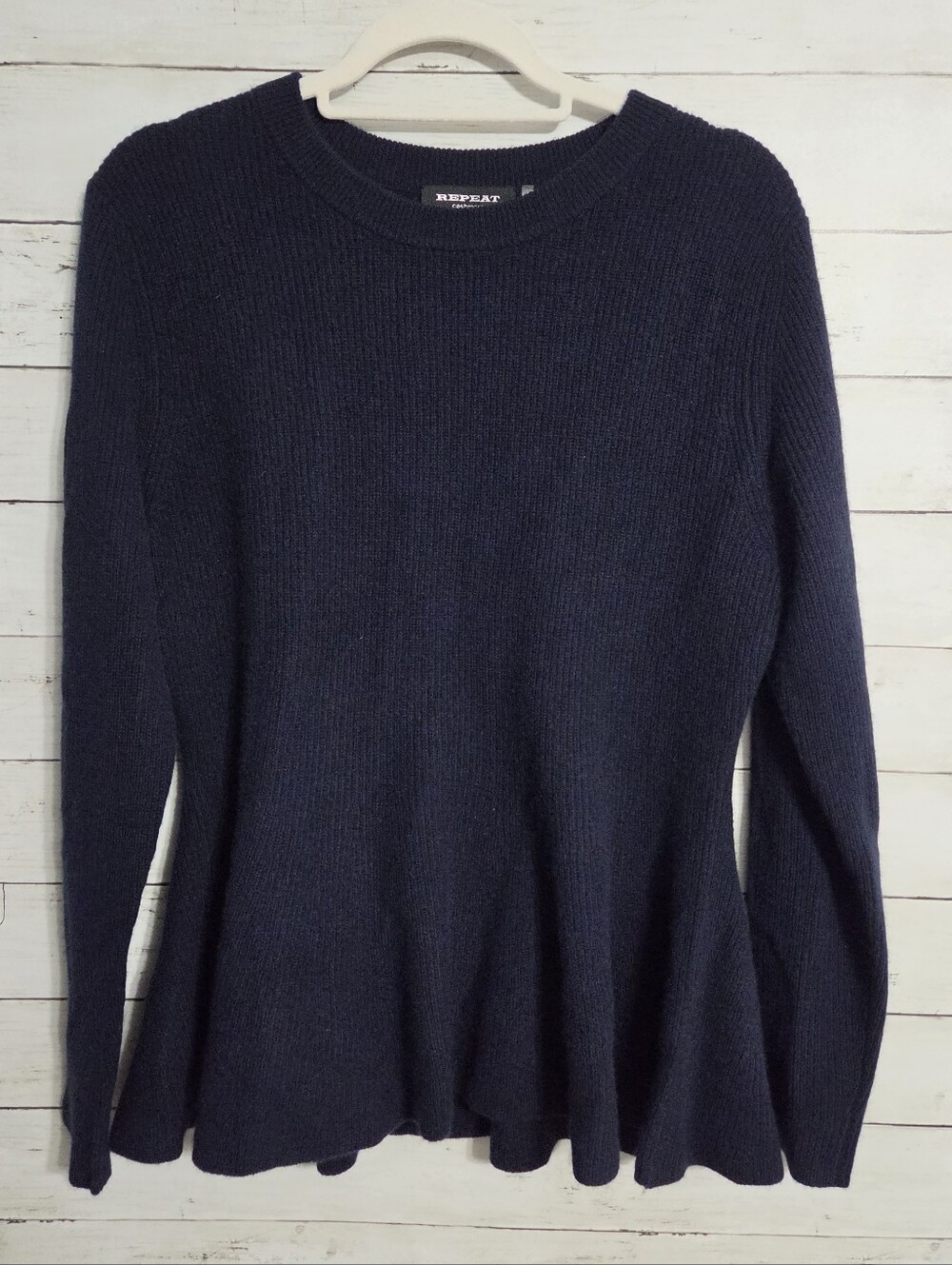 REPEAT Organic Cashmere Navy Ribbed Crewneck Sweater /peplum Long Sleeve, Large
